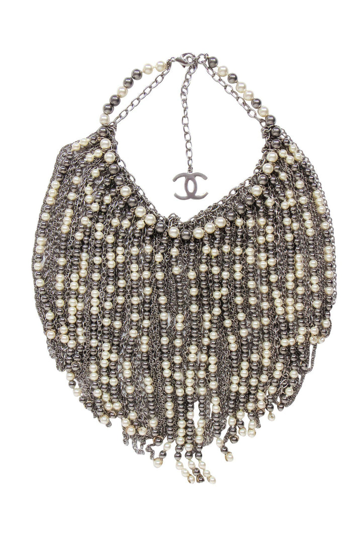Top Quality Chanel - Silver Chain & Faux Pearl Large Fringe Necklace