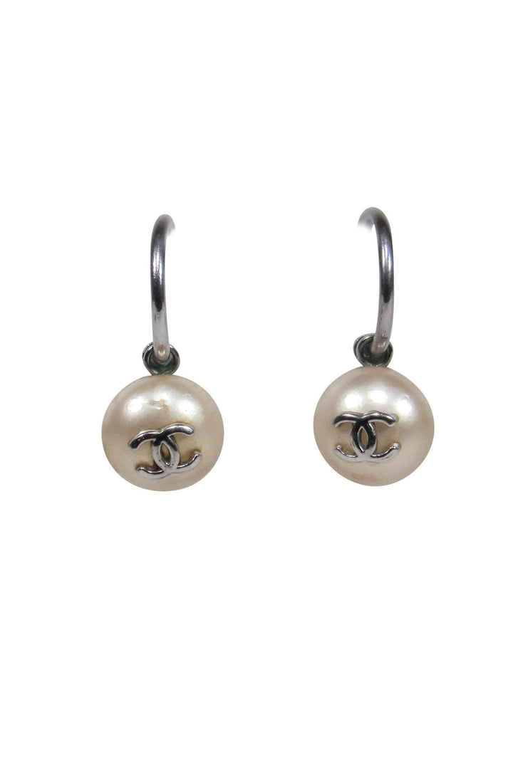 Top Quality Chanel - Silver & Faux Pearl Open Hoop Earrings