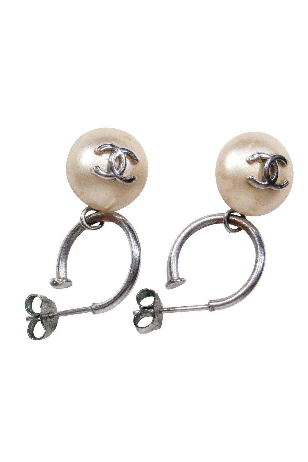 Top Quality Chanel - Silver & Faux Pearl Open Hoop Earrings