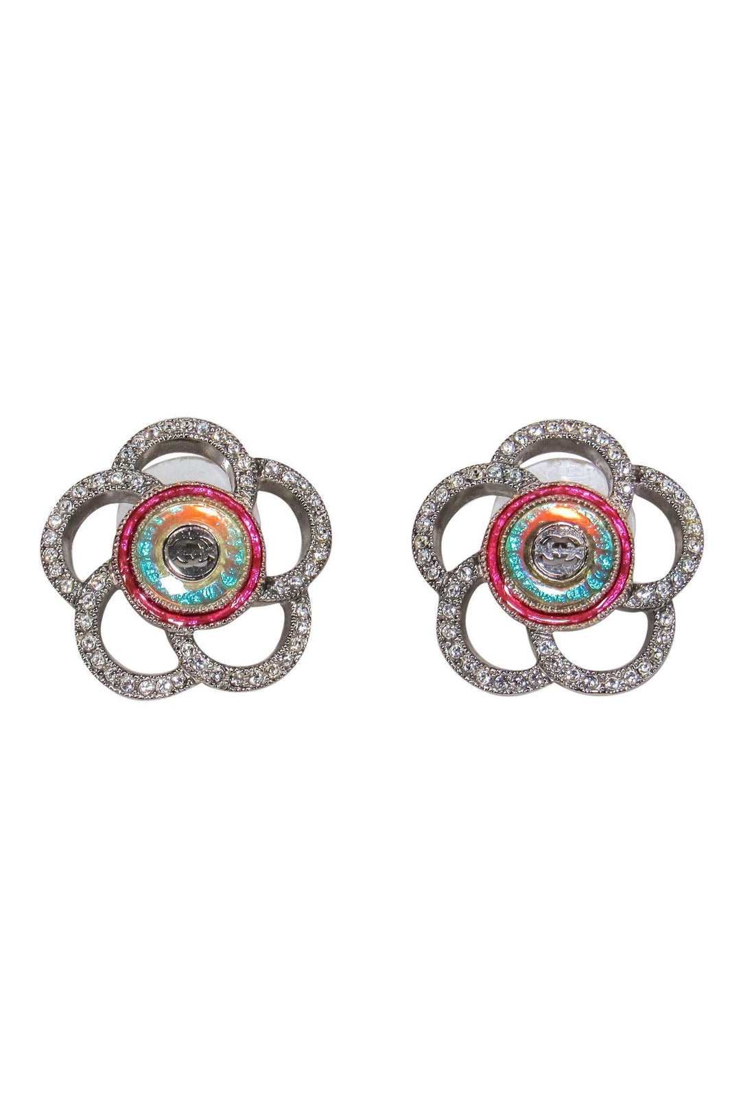 Top Quality Chanel - Silver & Multicolored Crystal & Resin Floral Stud Earrings