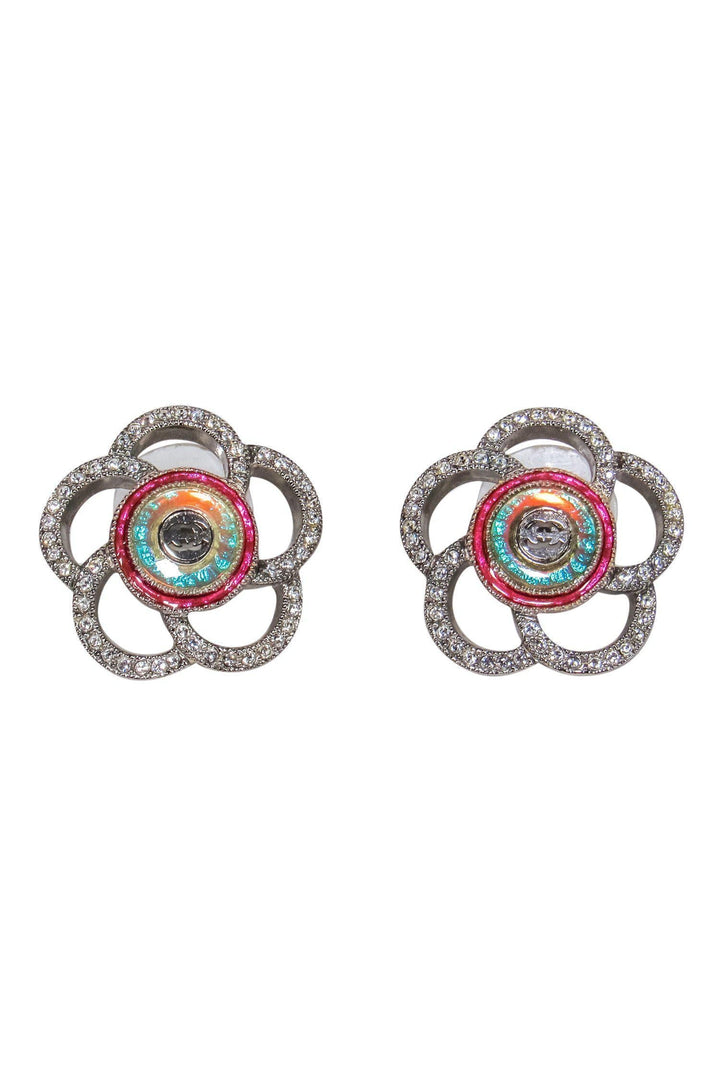 Top Quality Chanel - Silver & Multicolored Crystal & Resin Floral Stud Earrings