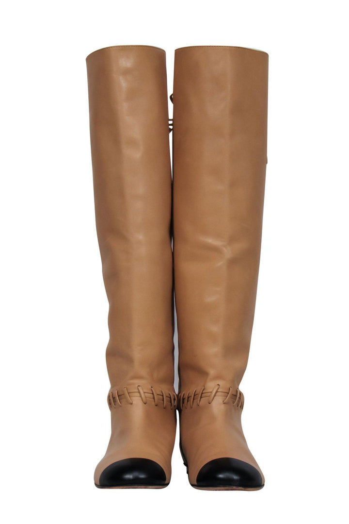 Top Quality Chanel - Tan & Black Leather Lace-Up Knee High Boots Sz 7