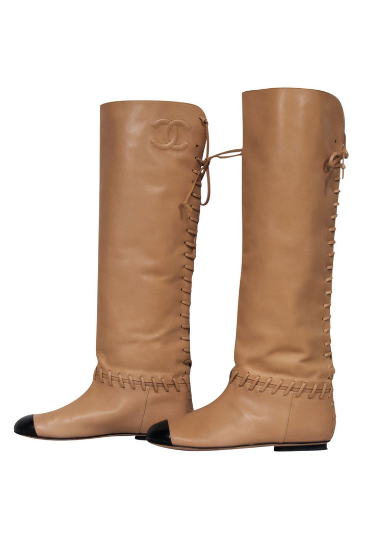 Top Quality Chanel - Tan & Black Leather Lace-Up Knee High Boots Sz 7