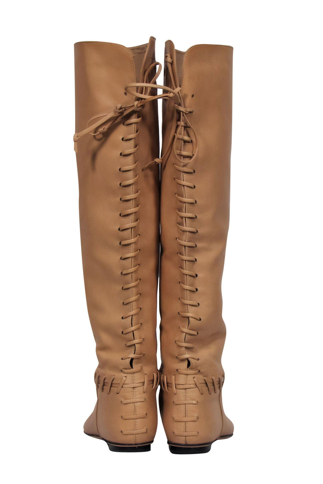 Top Quality Chanel - Tan & Black Leather Lace-Up Knee High Boots Sz 7