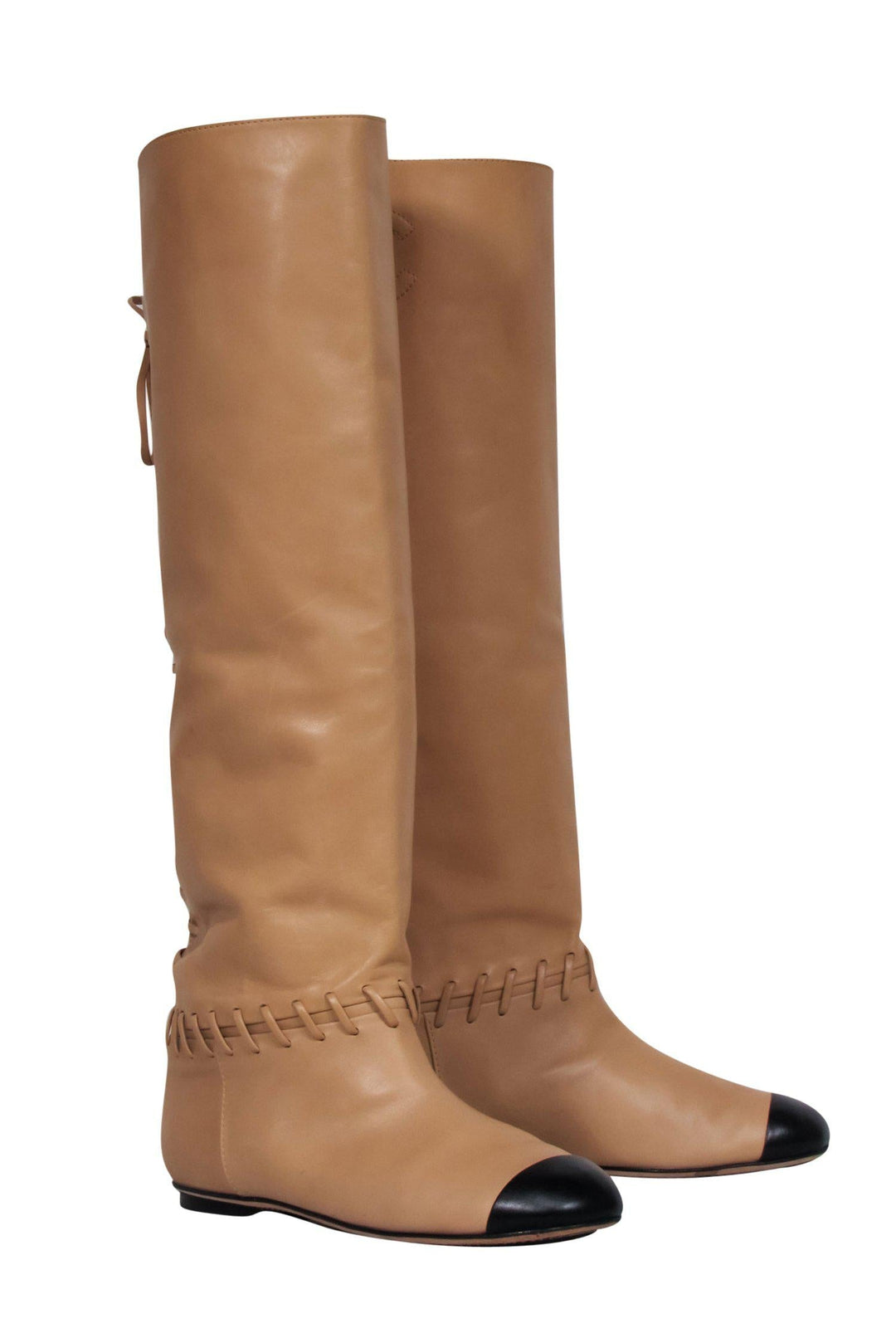 Top Quality Chanel - Tan & Black Leather Lace-Up Knee High Boots Sz 7
