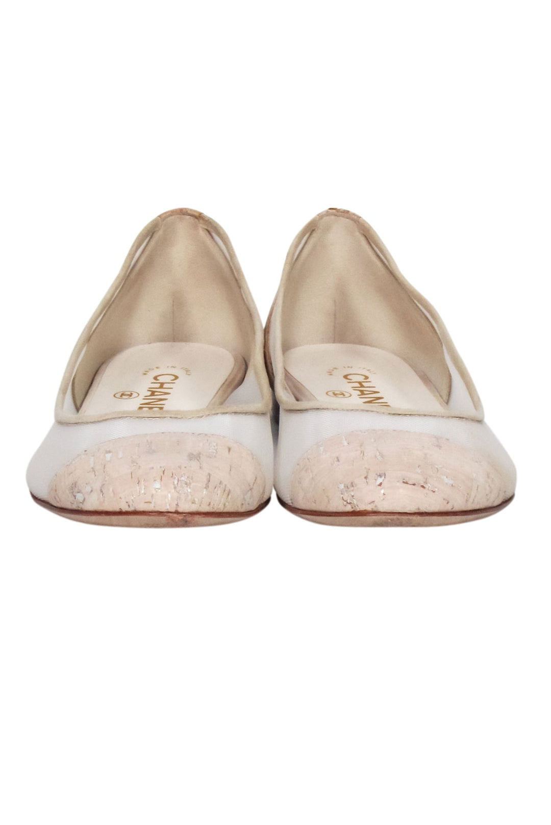 Top Quality Chanel - Tan & Cream Mesh Flats w/ Cork Heel & Toe Sz 7.5