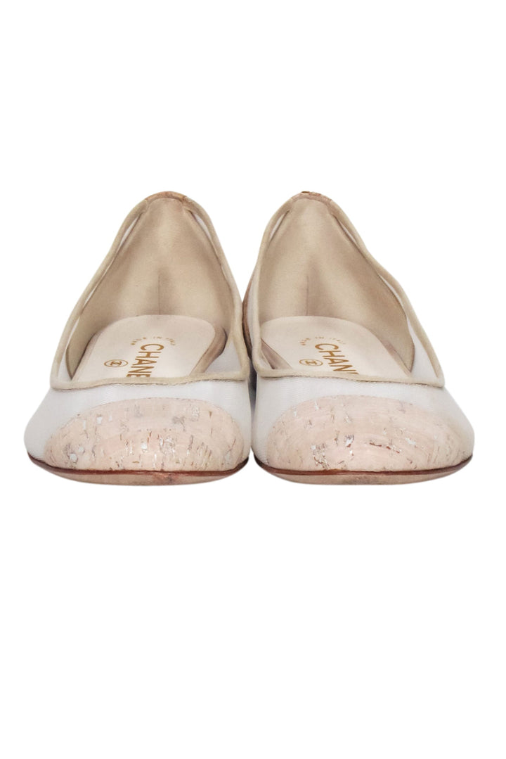 Top Quality Chanel - Tan & Cream Mesh Flats w/ Cork Heel & Toe Sz 7.5