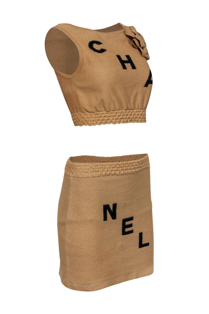 Top Quality Chanel - Tan Knit Top Quality Chanel Logo Tank & Skirt Set w/ Rosette Sz 4