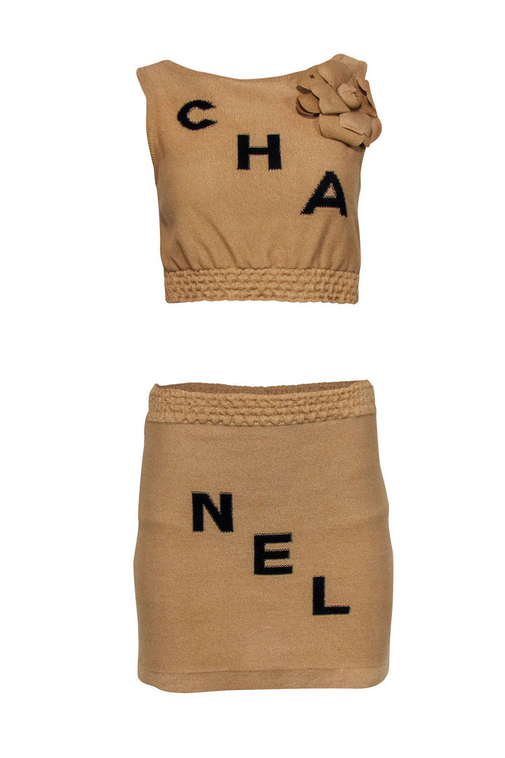 Top Quality Chanel - Tan Knit Top Quality Chanel Logo Tank & Skirt Set w/ Rosette Sz 4