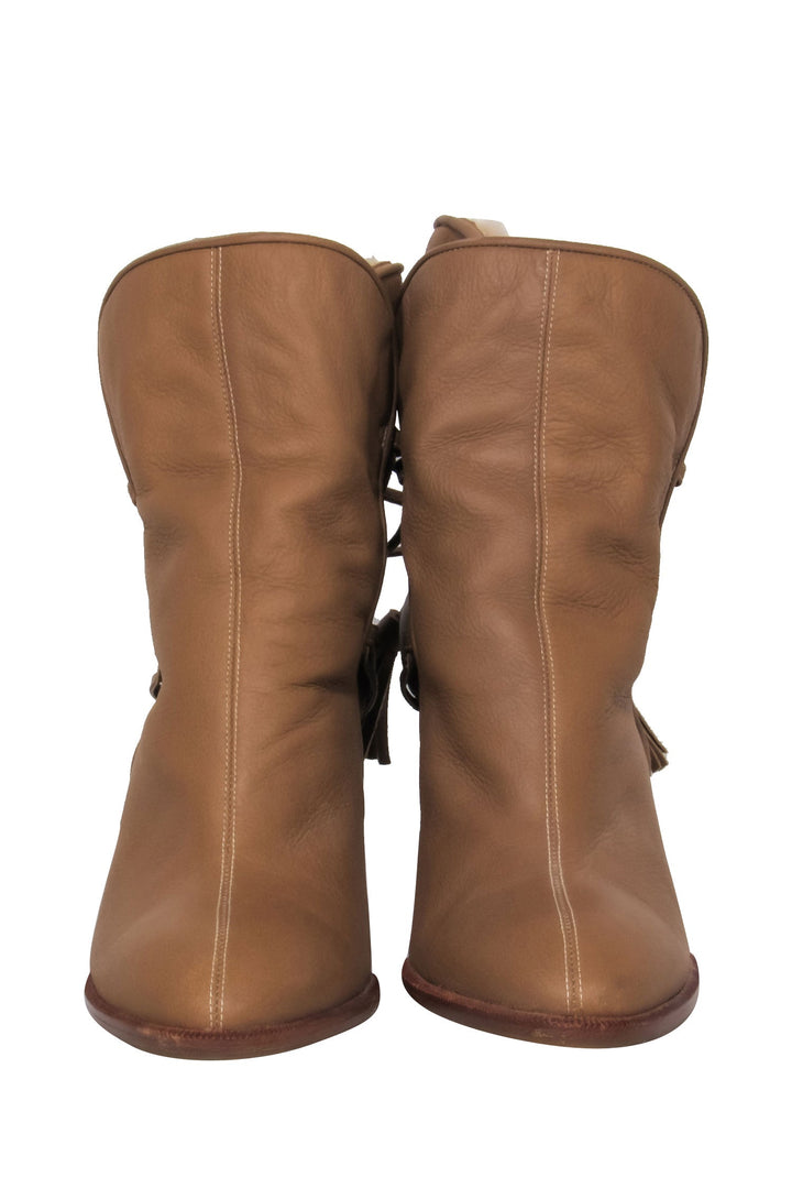 Top Quality Chanel - Tan Leather Heeled Boot w/ Fuzzy Lining Sz 8