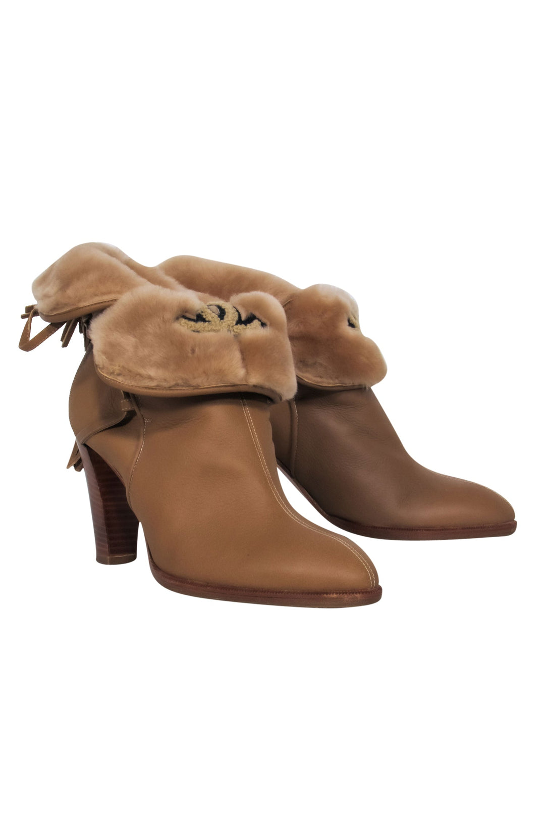 Top Quality Chanel - Tan Leather Heeled Boot w/ Fuzzy Lining Sz 8