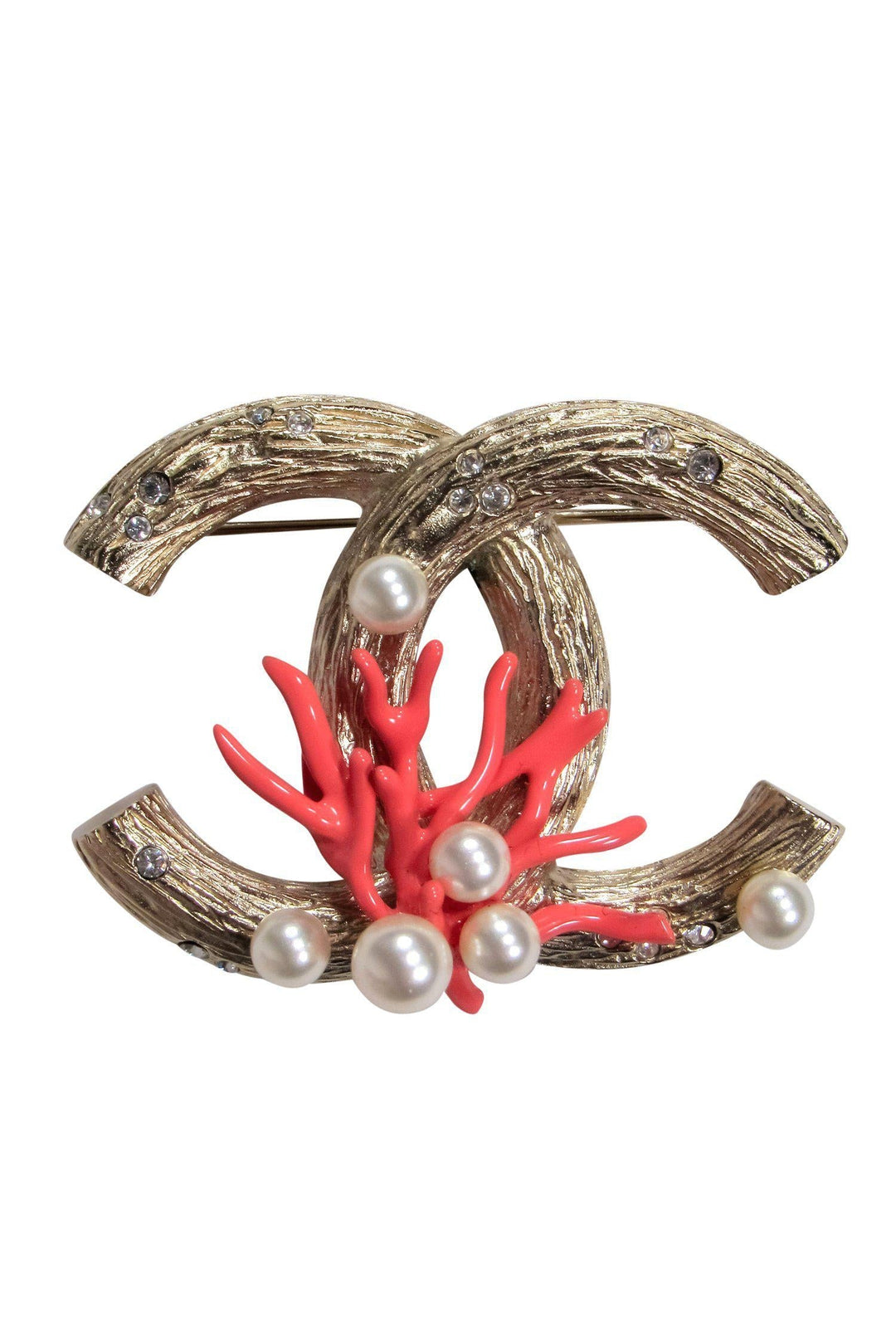 Top Quality Chanel - Textured Gold "CC" Logo Brooch w/ Coral & Pearl Design