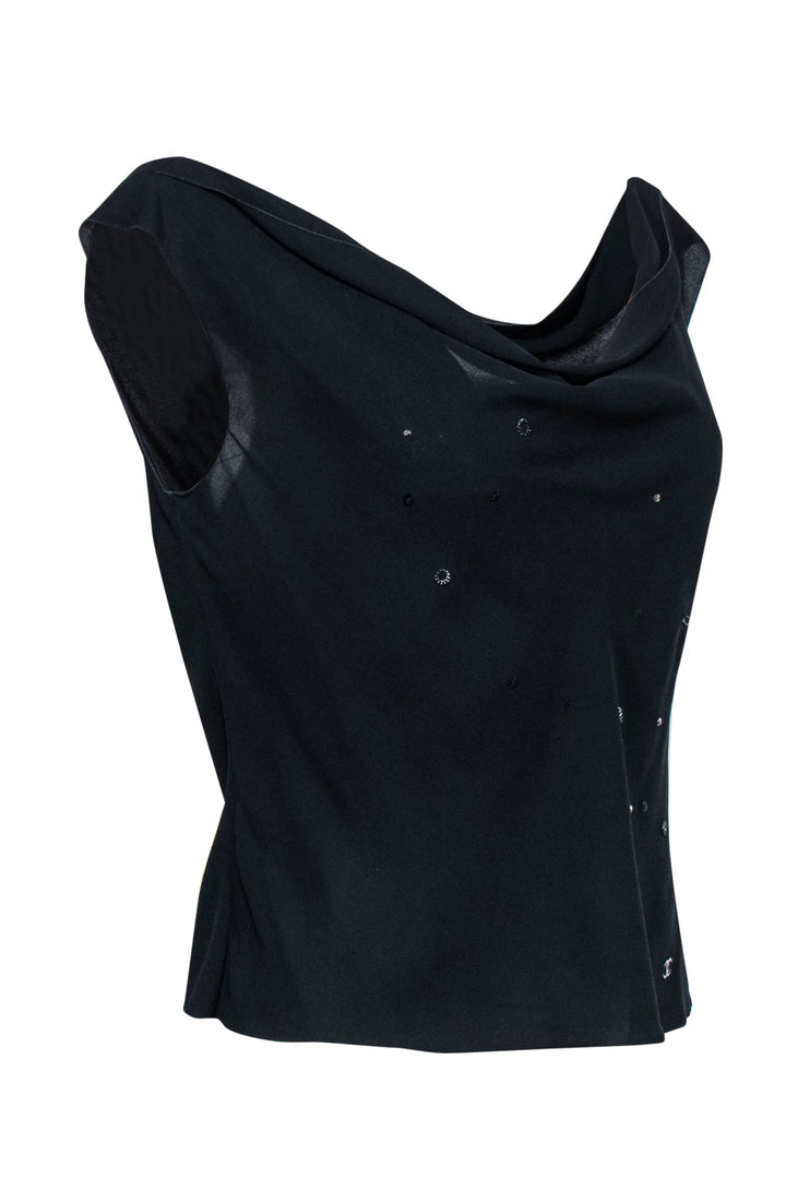 Top Quality Chanel - Vintage Black Silk Cowl Neck Tank w/ Beaded Design Sz 10