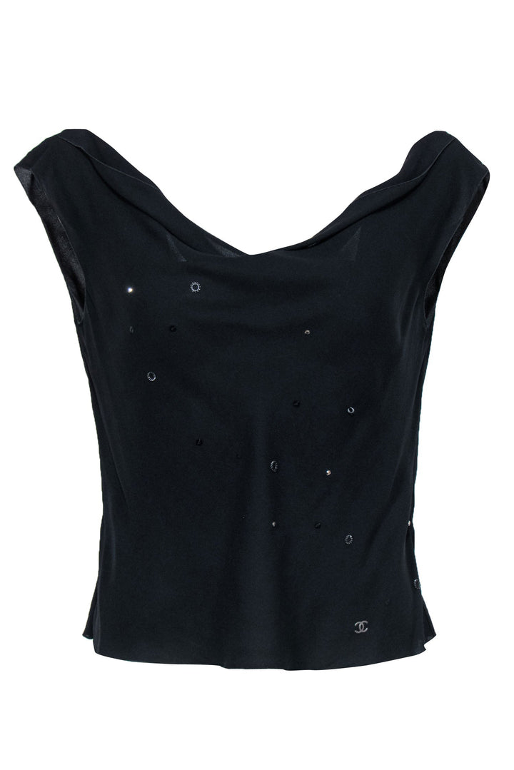 Top Quality Chanel - Vintage Black Silk Cowl Neck Tank w/ Beaded Design Sz 10
