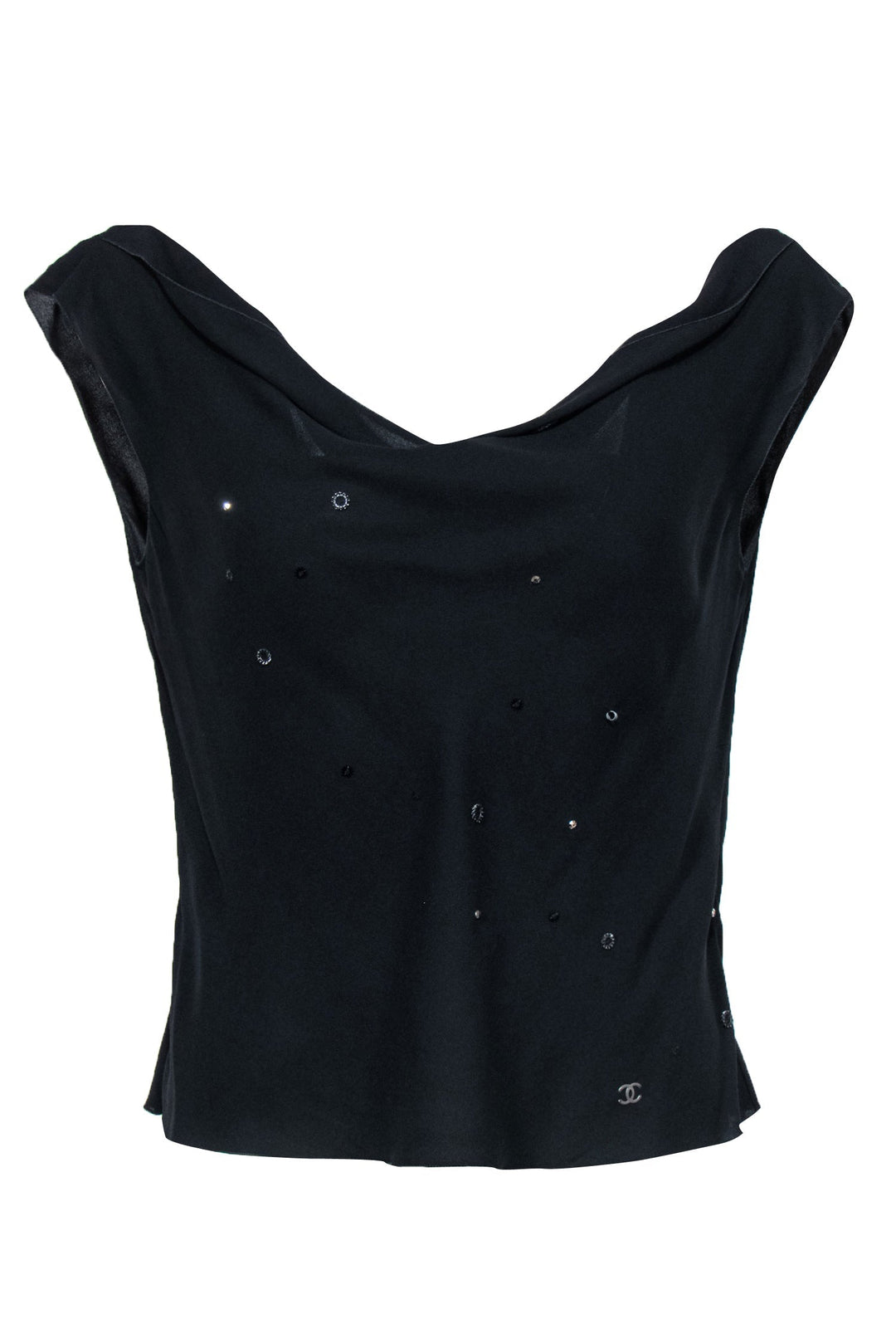 Top Quality Chanel - Vintage Black Silk Cowl Neck Tank w/ Beaded Design Sz 10