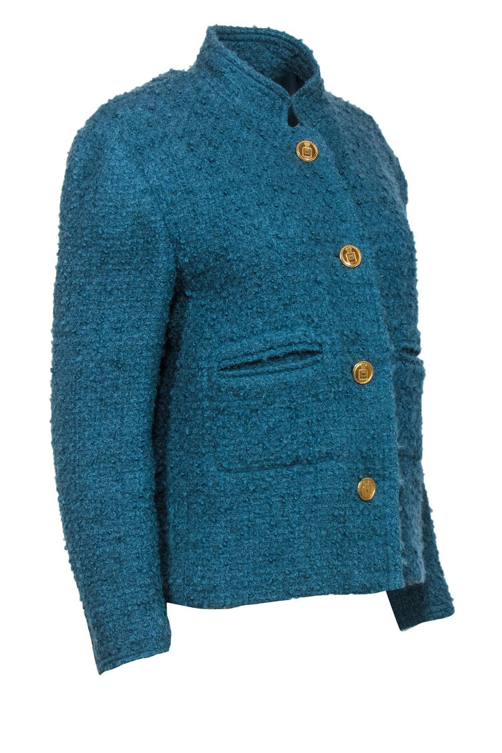 Top Quality Chanel - Vintage Teal Textured Tweed Jacket w/ Gold Perfume Buttons Sz 8