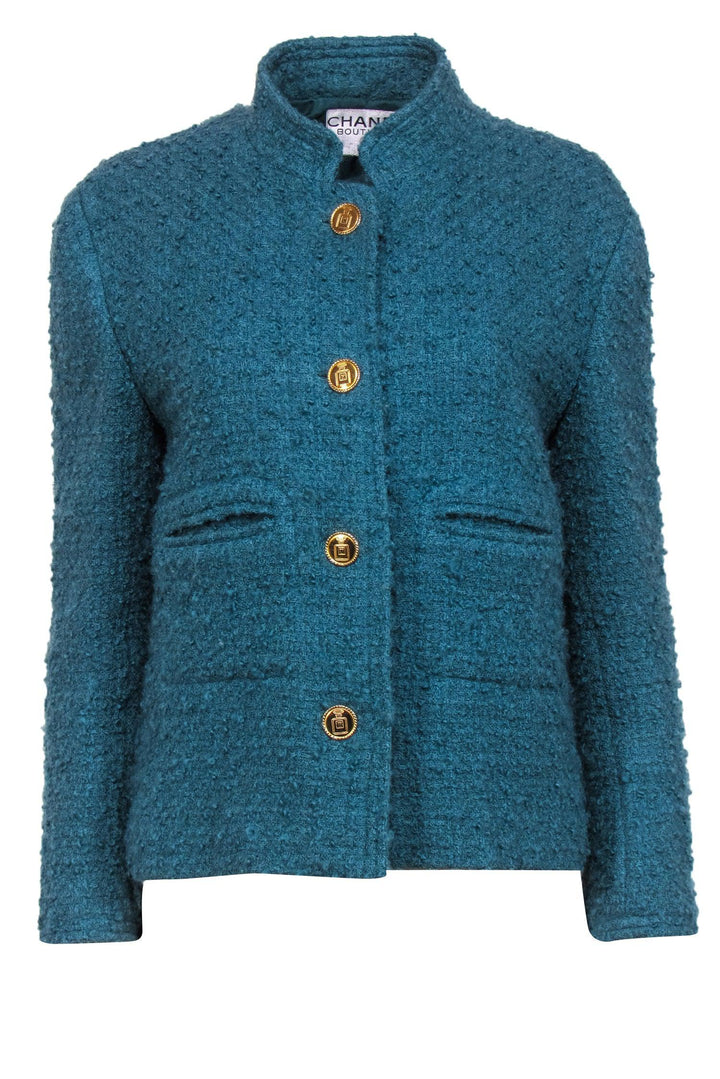 Top Quality Chanel - Vintage Teal Textured Tweed Jacket w/ Gold Perfume Buttons Sz 8