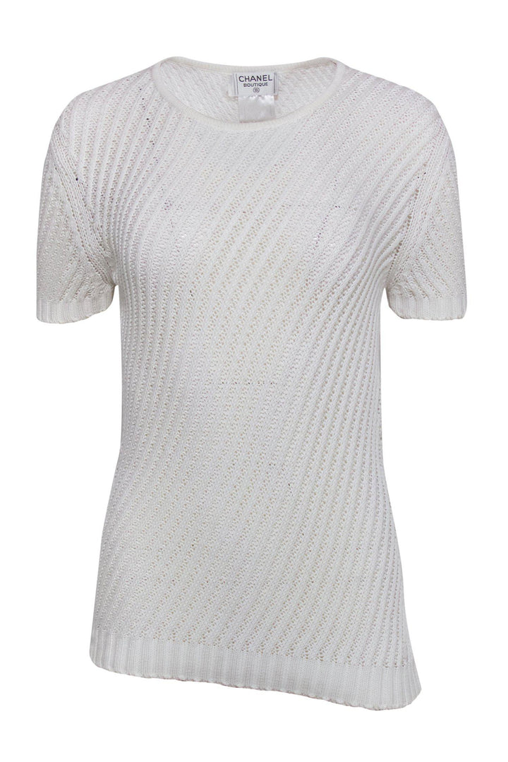 Top Quality Chanel - White Loose Knit Short Sleeve Sweater Sz 8