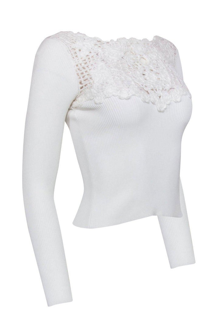Top Quality Chanel - White Ribbed Crochet-Front Cropped Top Sz XS