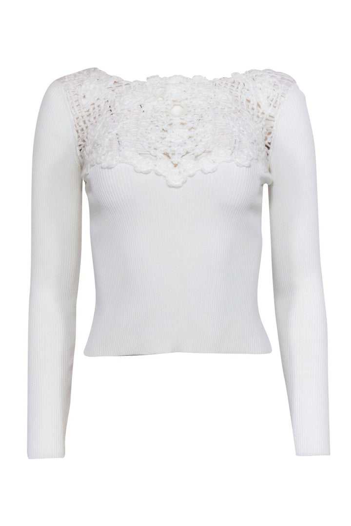 Top Quality Chanel - White Ribbed Crochet-Front Cropped Top Sz XS
