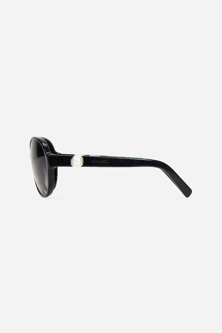 Black Round Frame Pearl Logo On Arm Sunglasses
