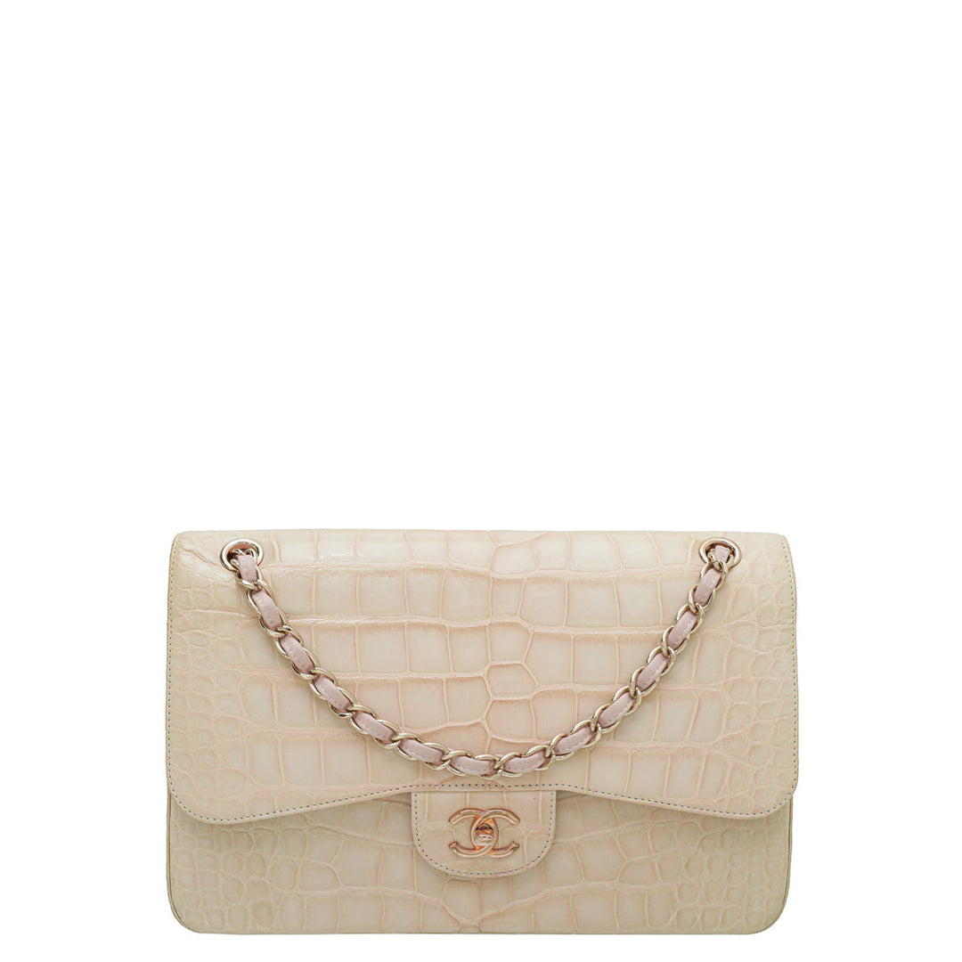 Chanel Pinkish Beige Alligator Classic Double Flap Jumbo Bag