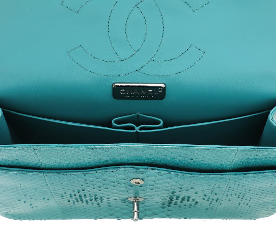 Chanel Turquoise Python Classic Double Flap Jumbo Bag