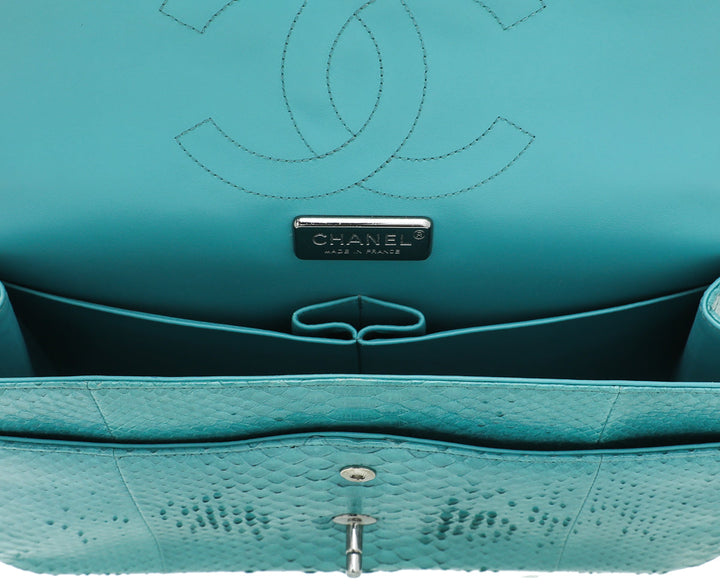 Chanel Turquoise Python Classic Double Flap Jumbo Bag