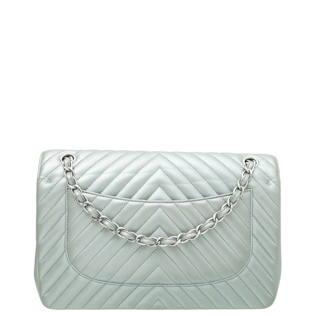 Chanel Metallic Grey Chevron Classic Double Flap Jambo Bag