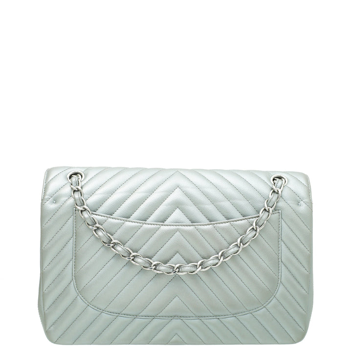 Chanel Metallic Grey Chevron Classic Double Flap Jambo Bag
