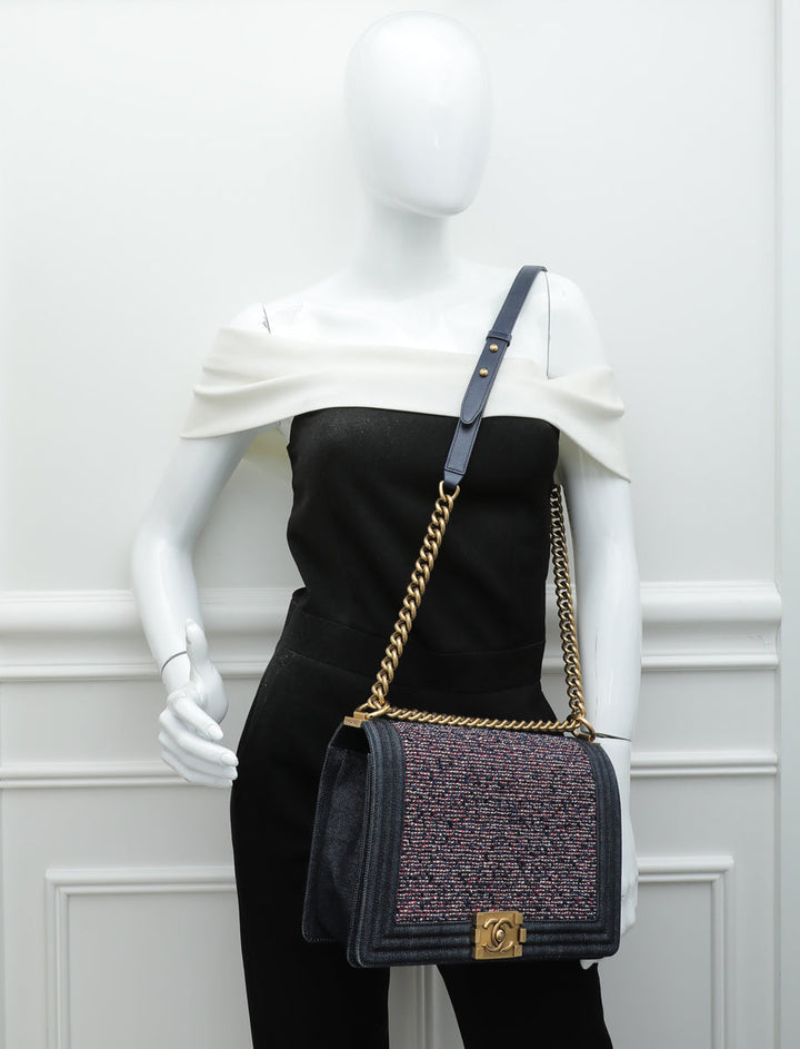 Chanel Navy Blue Le Boy Denim Tweed New Medium Bag