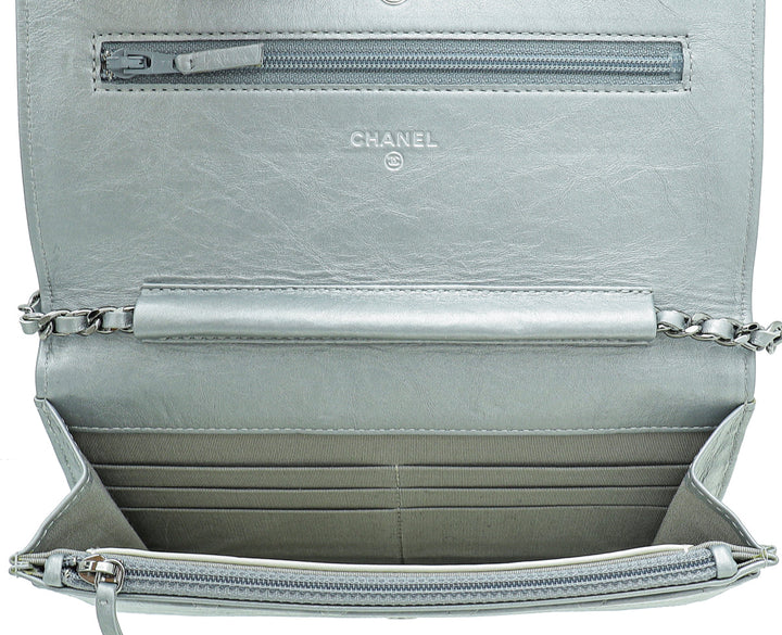Chanel Metallic Grey CC Aged Wallet On Chain