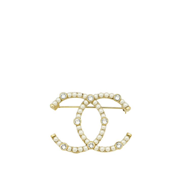 Chanel White CC Pearl Crystal Brooch