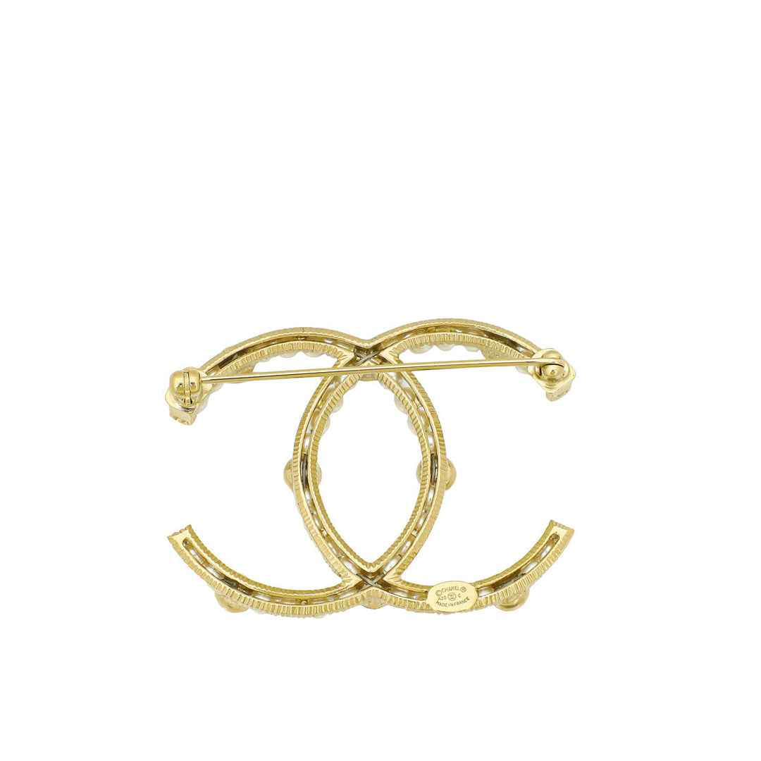 Chanel White CC Pearl Crystal Brooch