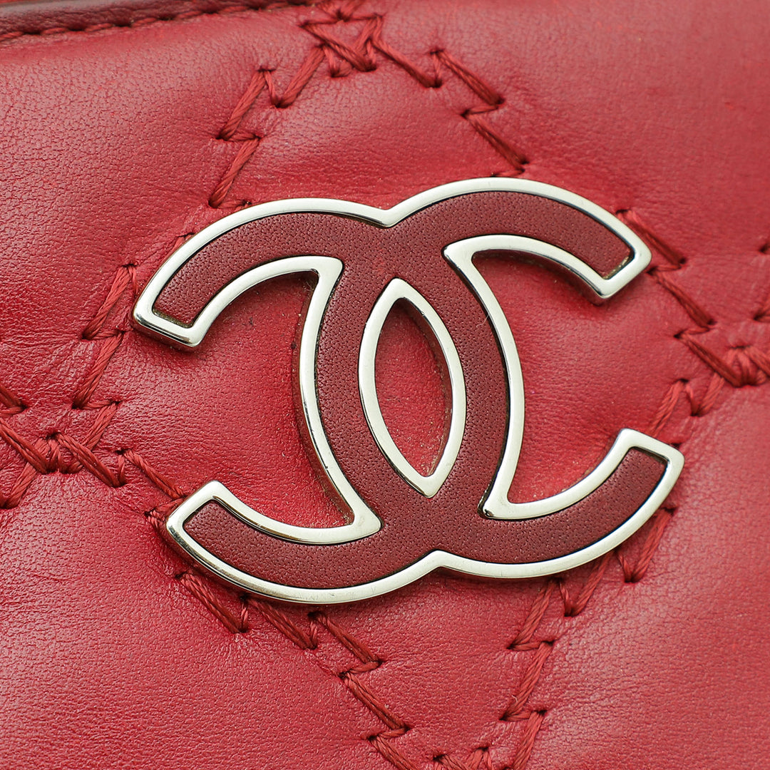 Chanel Red CC Over Stitches Zip Around Wallet