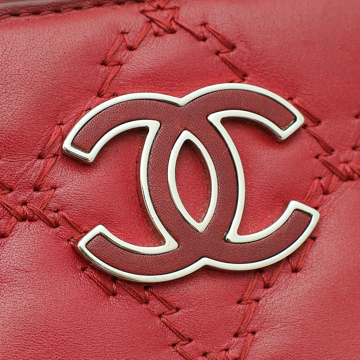 Chanel Red CC Over Stitches Zip Around Wallet