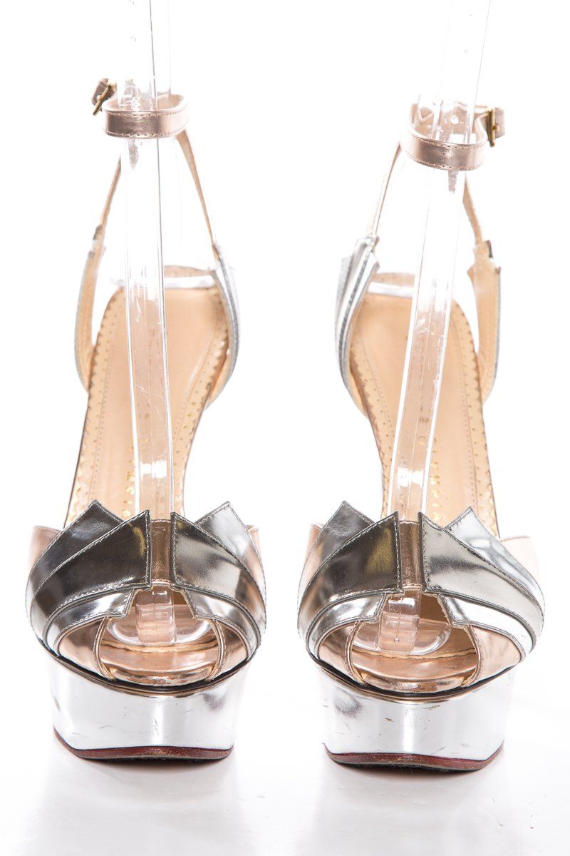 Charlotte Olympia Silver & Gold Peep Toe Platforms SZ 36.5 Sale