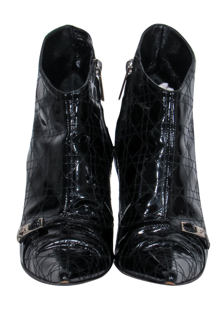 Christian Top quality Dior - Black Patent Leather Pointed Toe Kitten Heel Booties Sz 6.5