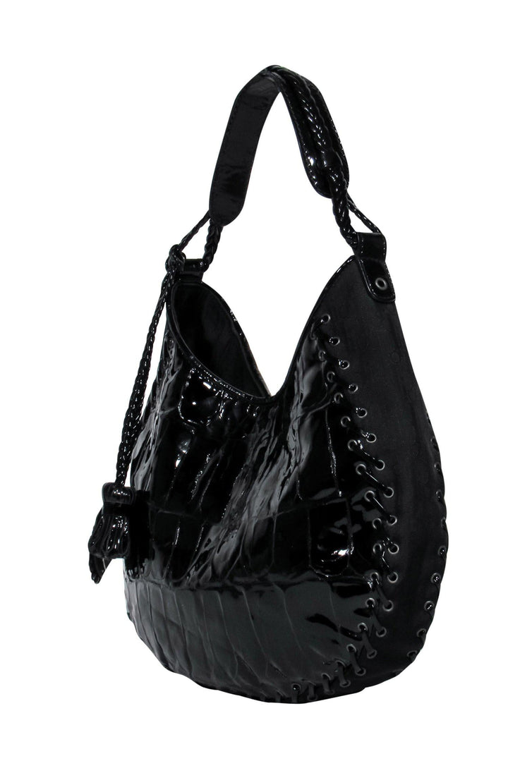 Christian Top quality Dior - Black Patent Leather Reptile Embossed Handbag w/ Lace-Up Trim
