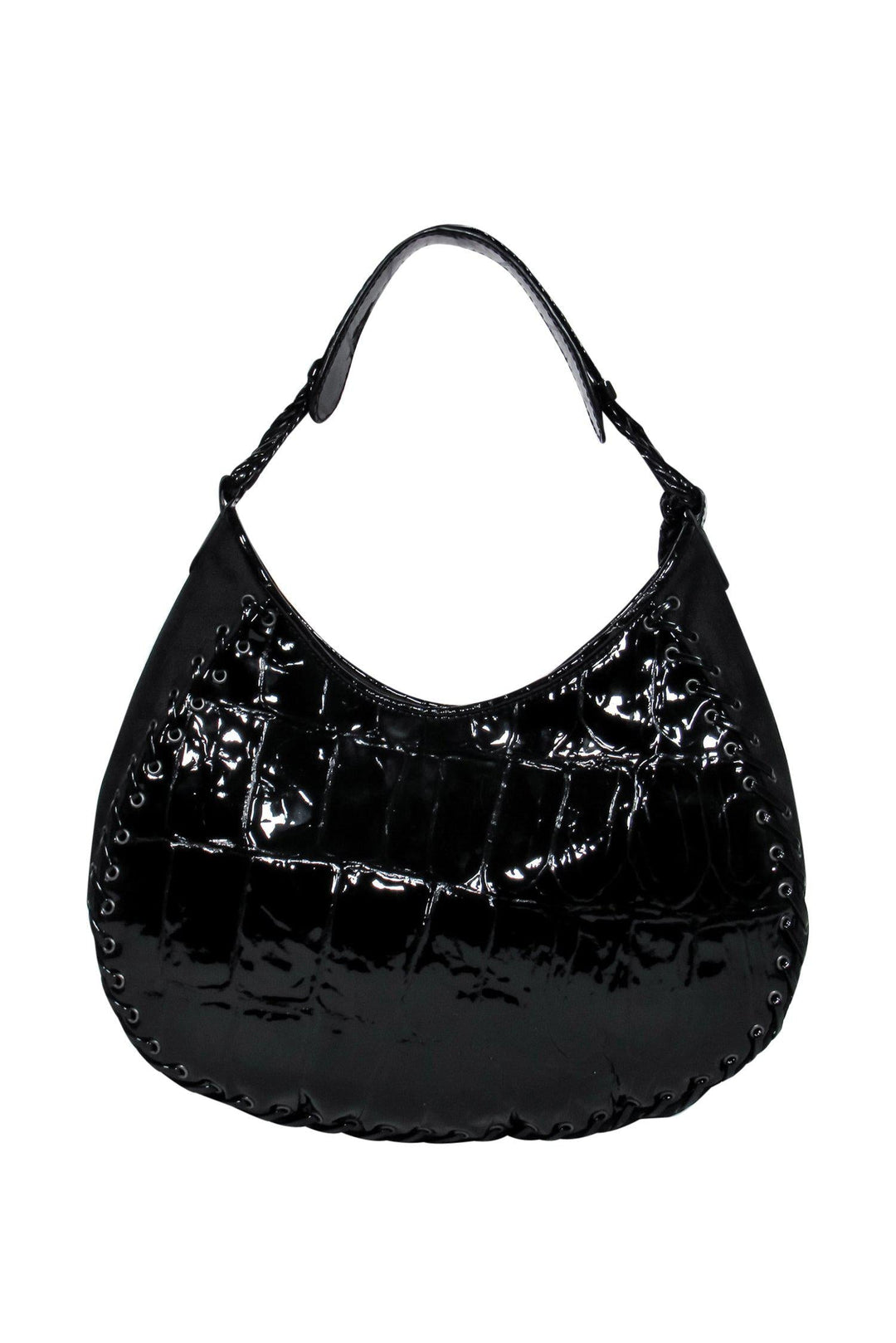 Christian Top quality Dior - Black Patent Leather Reptile Embossed Handbag w/ Lace-Up Trim