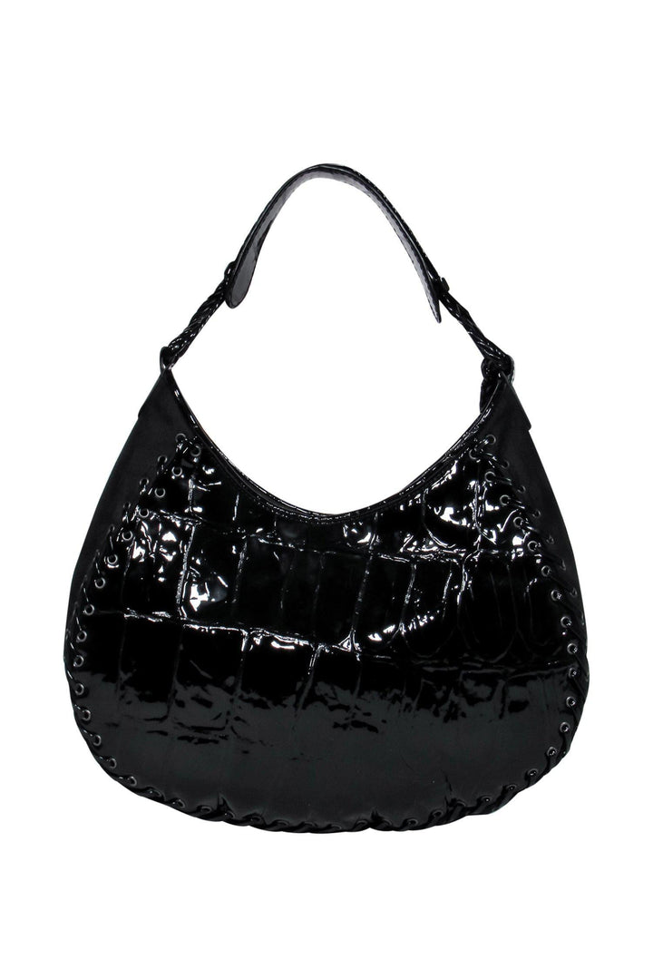 Christian Top quality Dior - Black Patent Leather Reptile Embossed Handbag w/ Lace-Up Trim