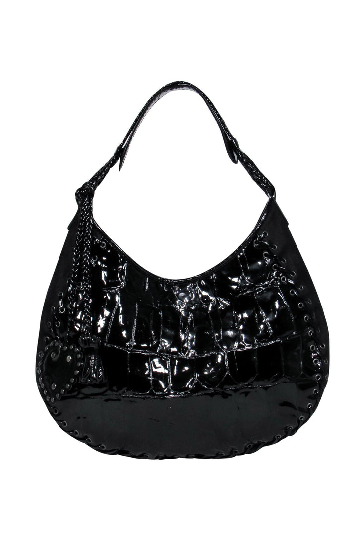 Christian Top quality Dior - Black Patent Leather Reptile Embossed Handbag w/ Lace-Up Trim