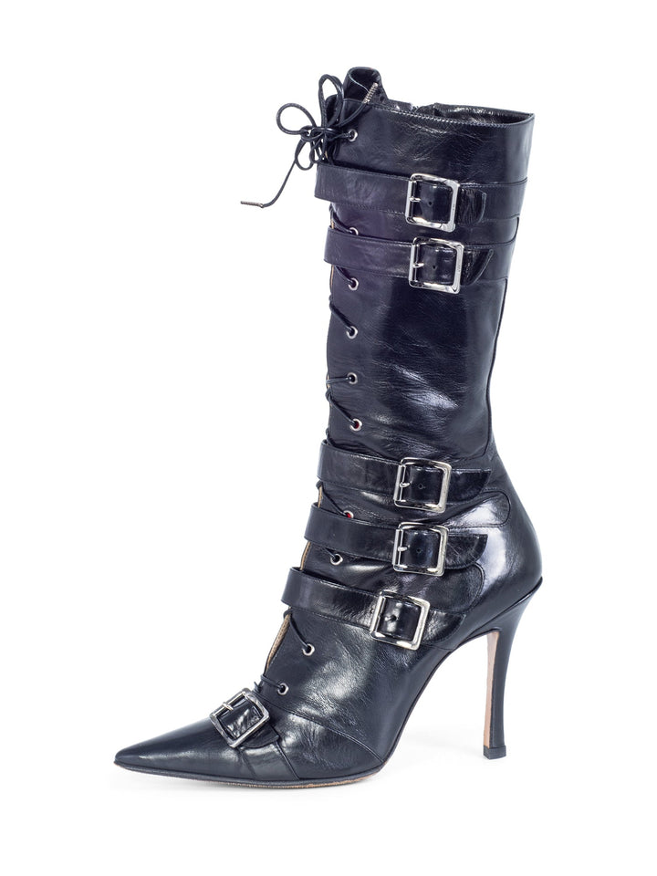 Christian Top quality Dior Leather Lace Up Buckle Strap Pointy Boots Black