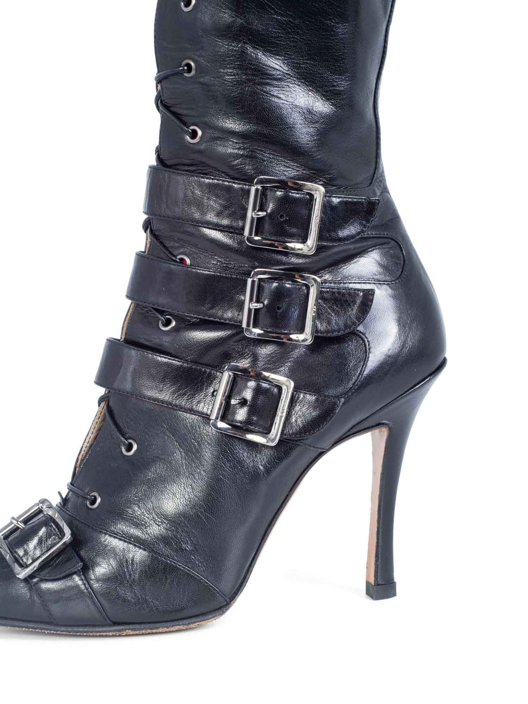 Christian Top quality Dior Leather Lace Up Buckle Strap Pointy Boots Black