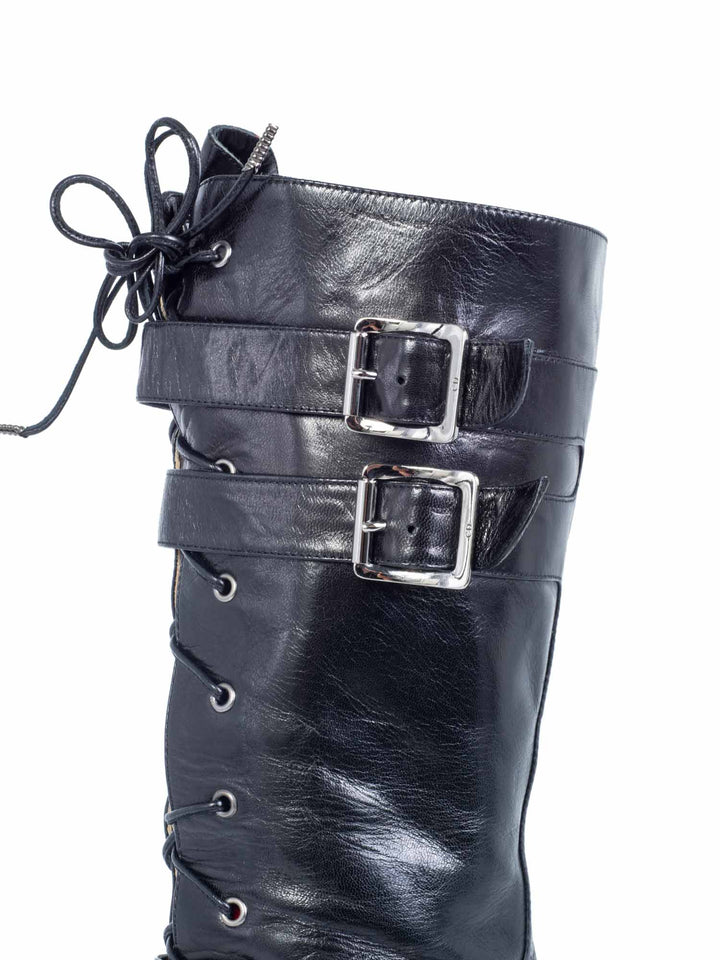 Christian Top quality Dior Leather Lace Up Buckle Strap Pointy Boots Black