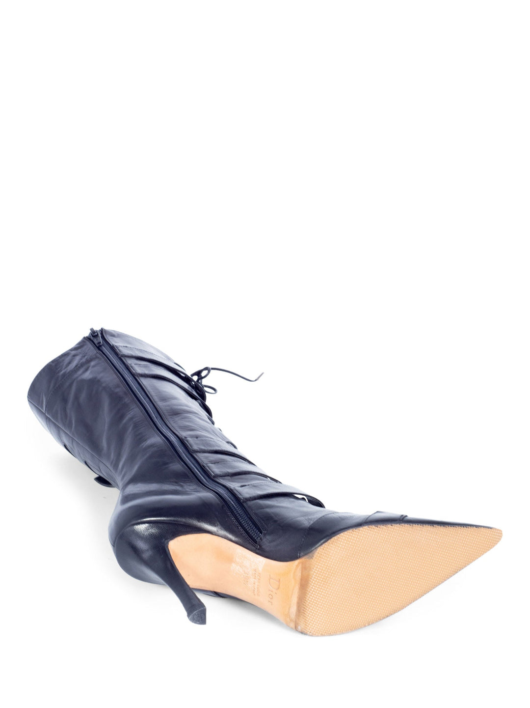 Christian Top quality Dior Leather Lace Up Buckle Strap Pointy Boots Black