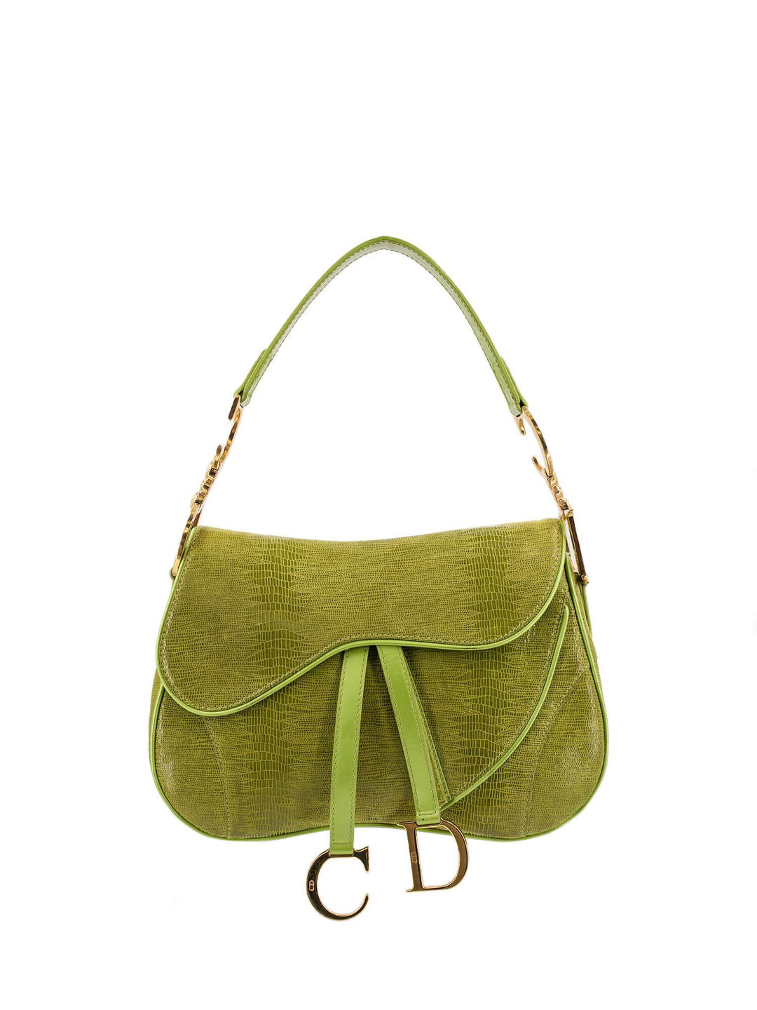 Christian Top quality Dior Shiny Lizard Double Saddle Bag Green