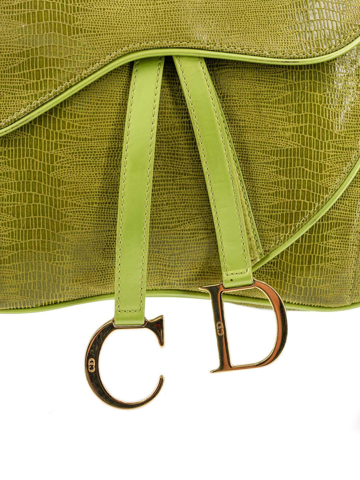 Christian Top quality Dior Shiny Lizard Double Saddle Bag Green