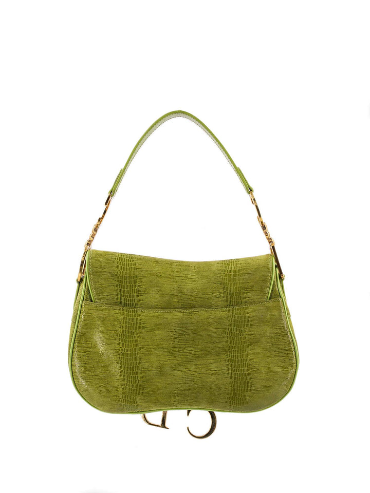 Christian Top quality Dior Shiny Lizard Double Saddle Bag Green