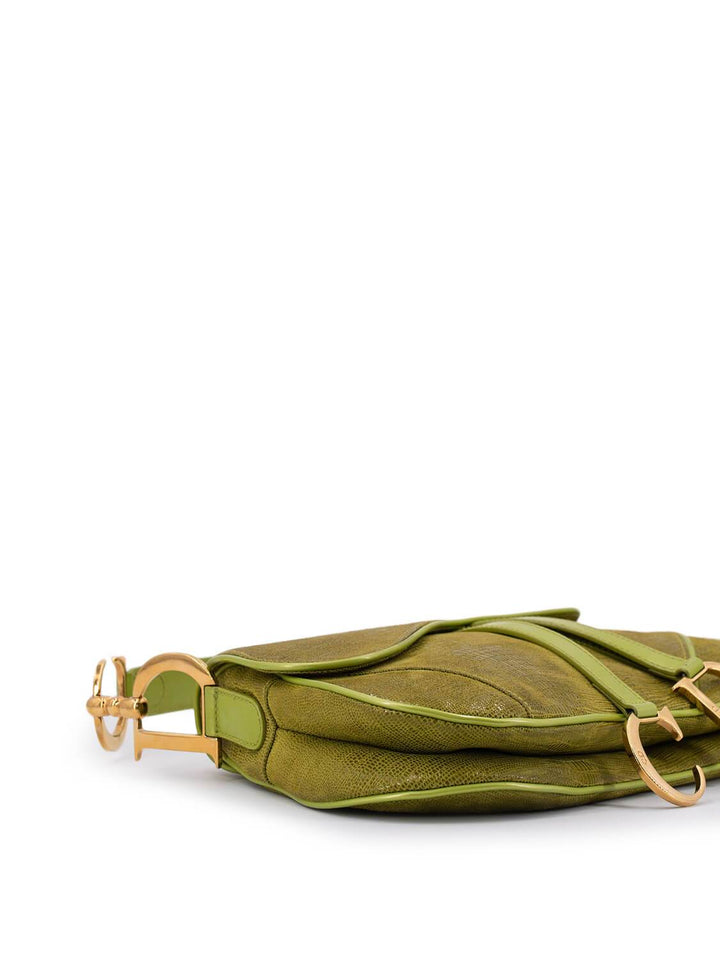Christian Top quality Dior Shiny Lizard Double Saddle Bag Green